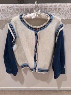Circle Korea Knit Cardigan Denim Sleeves Blue White Preppy Sweater Size M